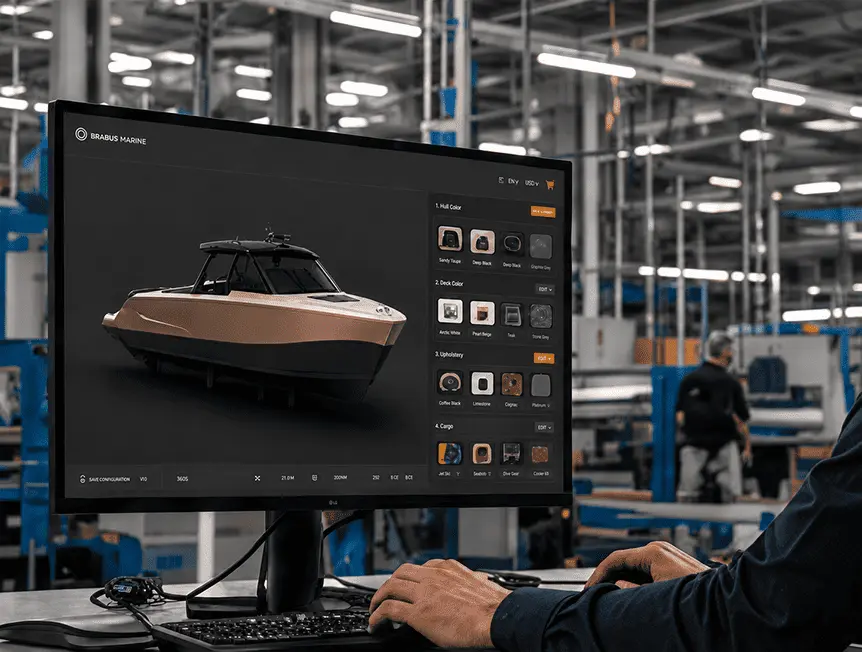 An over-the-shoulder view of a user interacting with the Brabus Marine 3D yacht configurator software, built on the Twikit platform, within an active factory production environment.