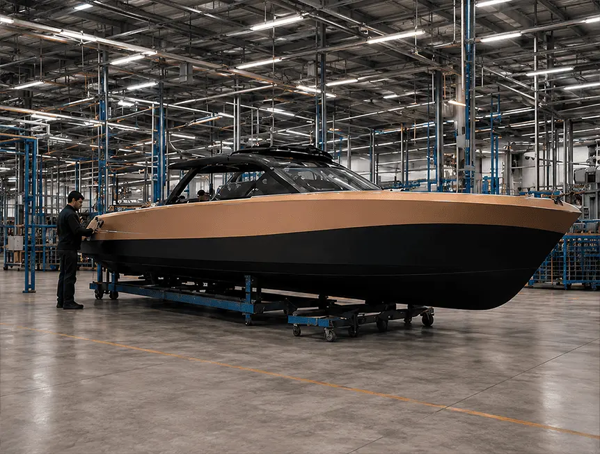 The physical reality of a custom luxury yacht built on a shipyard assembly floor, matching the exact manufacturing data generated by a 3D yacht configurator.