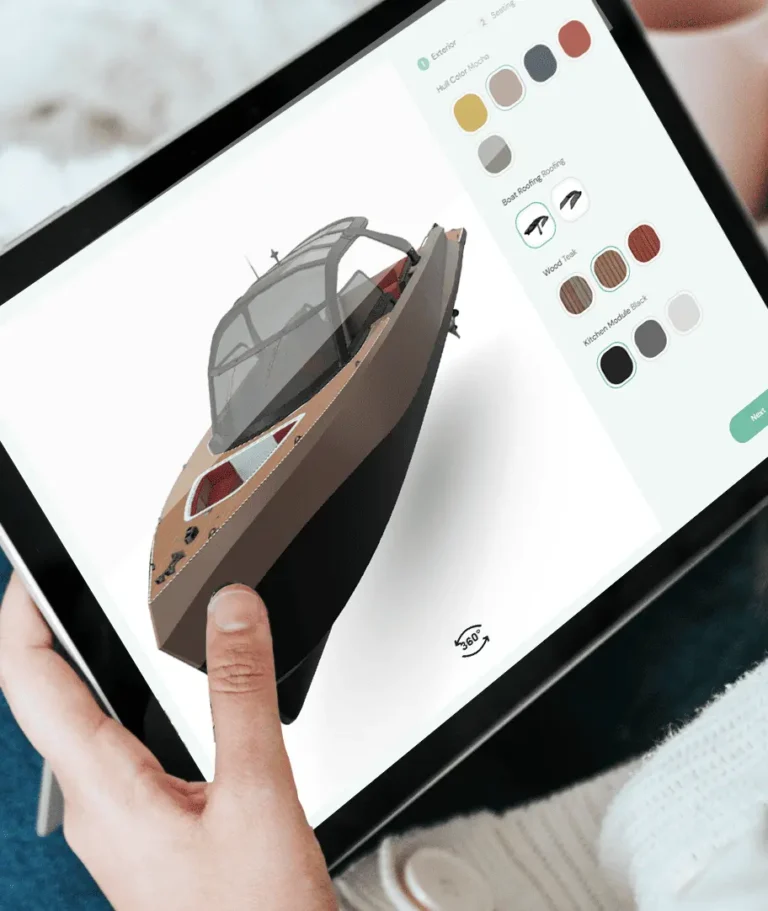A close-up of a user interacting with the Twikit 3D yacht configurator on a mobile tablet, showing 360-degree rotation and custom material menus.