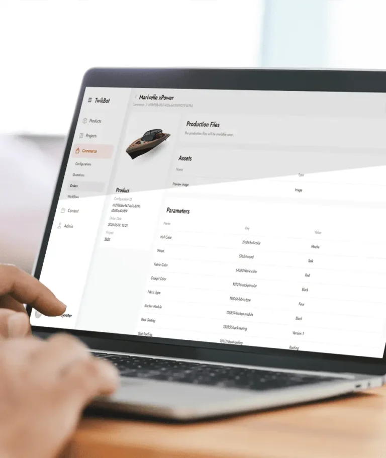 The TwikBot backend commerce dashboard displaying a luxury yacht configurator order summary for 'Marivelle xPower' with structured parameter keys and values.