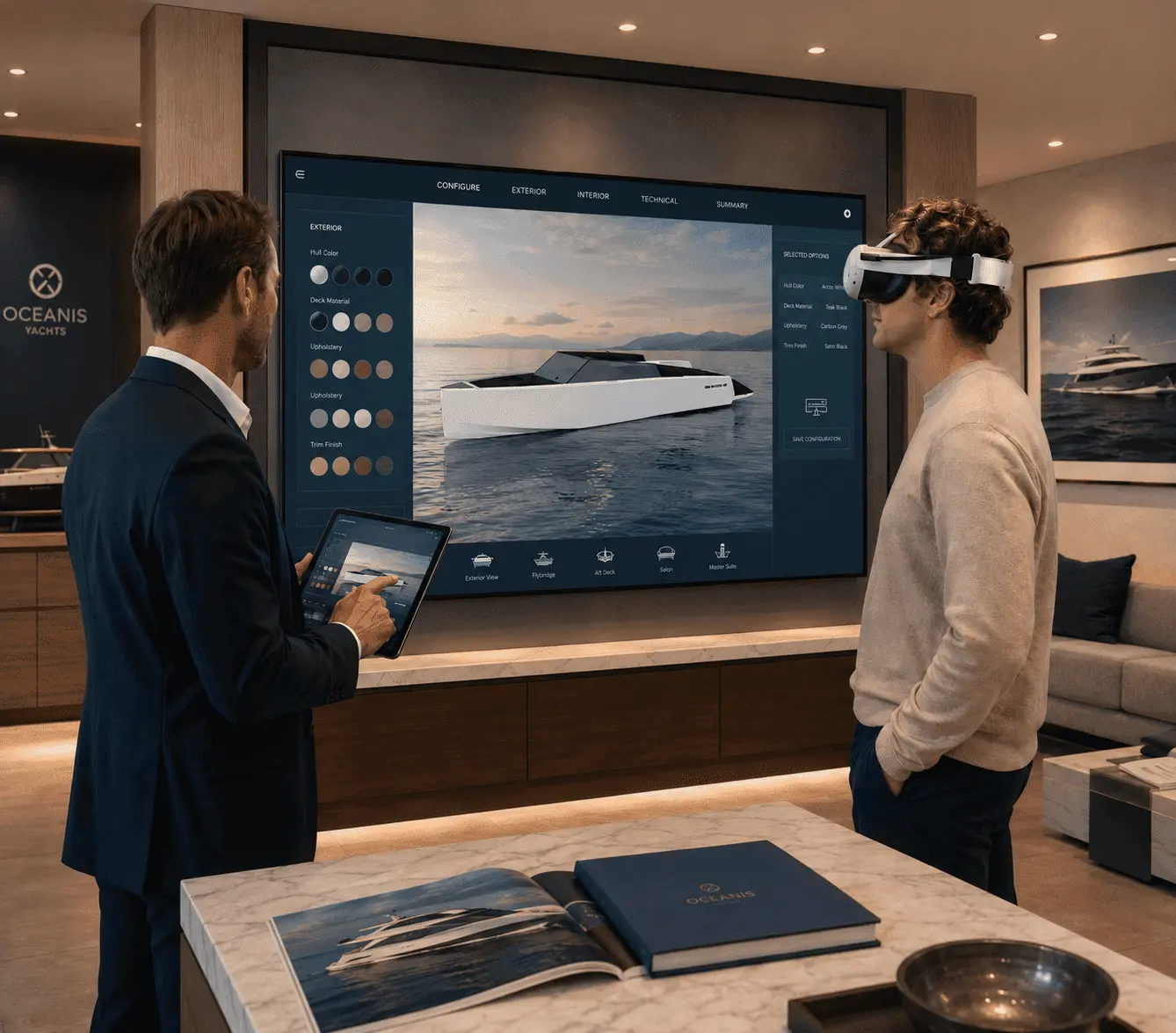 The Twikit 3D yacht configurator software in a luxury showroom, displayed on a large screen, tablet, and VR headset for real-time yacht personalization.
