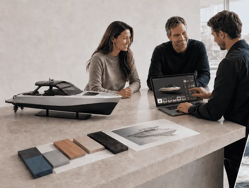 A yacht designer presenting customization options via the Twikit 3D yacht configurator on a laptop to clients, alongside physical material samples and a yacht model.