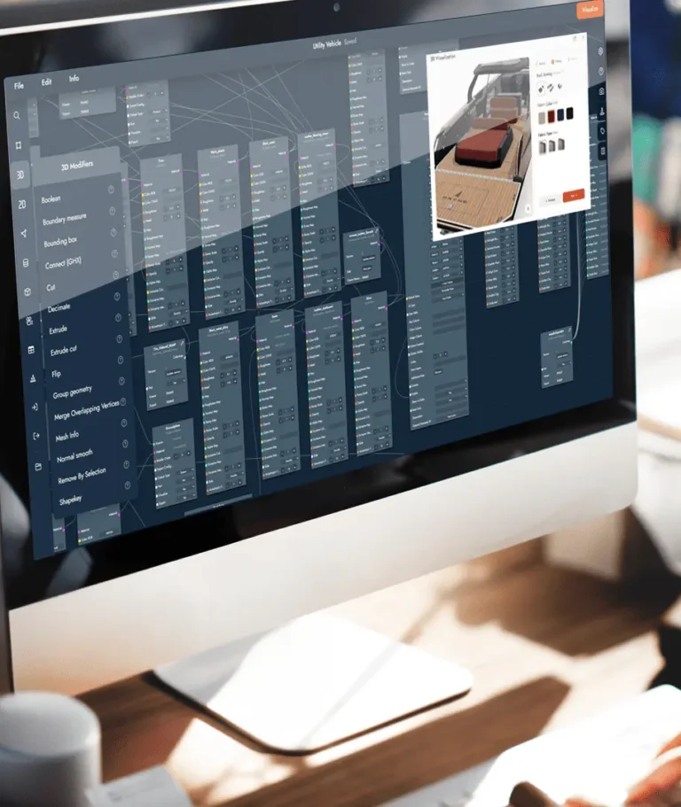 The Twikit 3D yacht configurator backend interface showing node-based parametric logic and 3D modifiers next to a luxury yacht deck customization preview window.